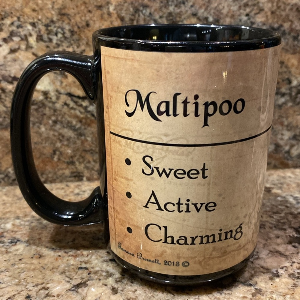 Adorable MALTIPOO Picture Mug, Black+Tan 14 oz words: Sweet Active Charming, NWT